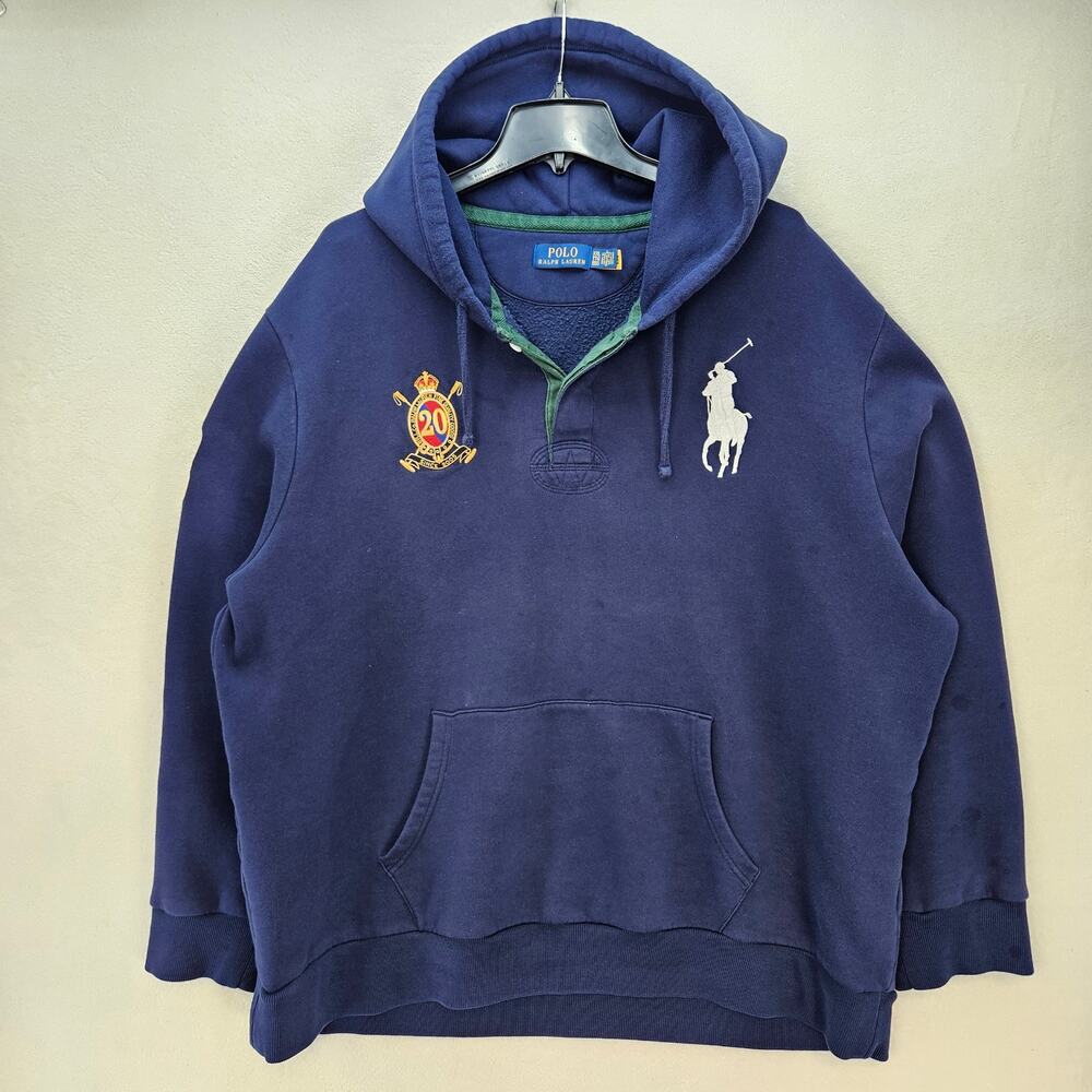 POLO RALPH LAUREN MEN'S XXL BIG PONY 20TH ANNIVERSARY NAVY CREST HOODY OIL STAIN